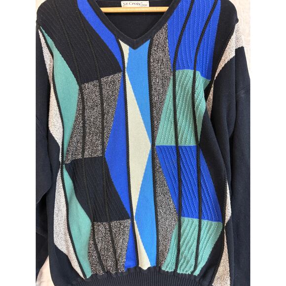 VTG 90s St. Croix V-neck Sweater Geometric 3D Knit Multicolor Grandpa Coogi XXL - Picture 5 of 10